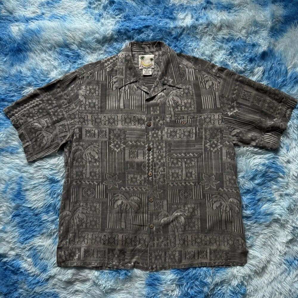 Banana Cabana Grey Black Palm Tree Silk Shirt Size XL Men’s Tropical Print